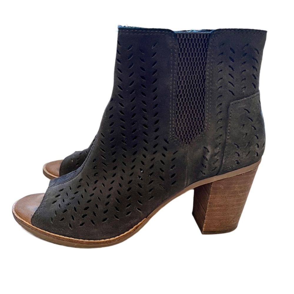 Tom’s Majorca suede peep toe booties dark grey.